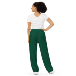 Woman wearing dark green sweatpants.