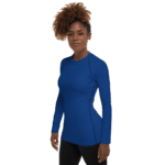 Woman in blue long sleeve shirt.