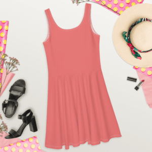 Pink sleeveless skater dress on white background.