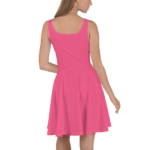 Pink sleeveless skater dress on a woman.