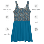 Blue and brown patterned flared dress.