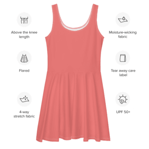 Pink flared above-knee dress with UPF 50+ protection.