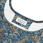 Blue and brown patterned fabric with label