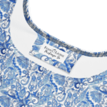 Blue paisley print clothing tag.