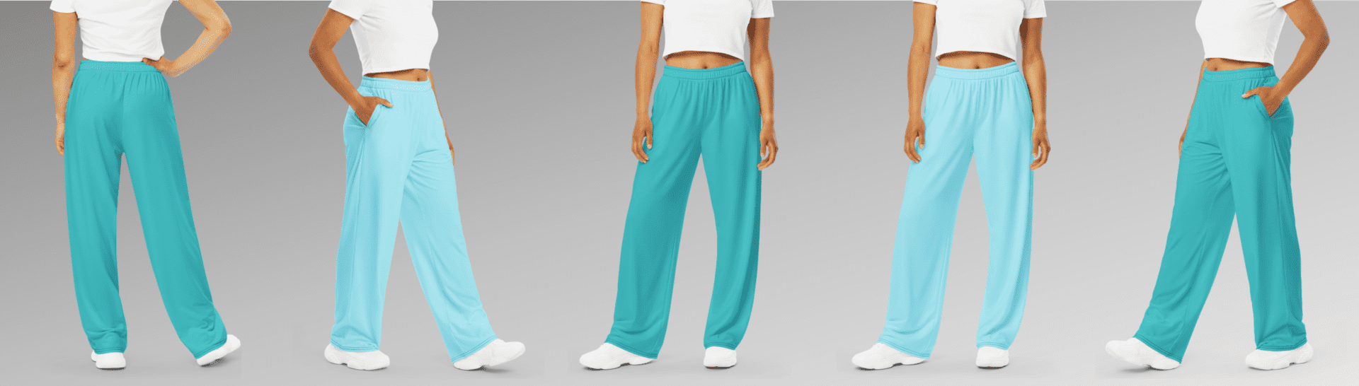 Five women wearing turquoise and blue pants.