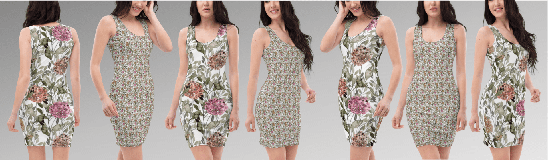 Women model floral print dresses