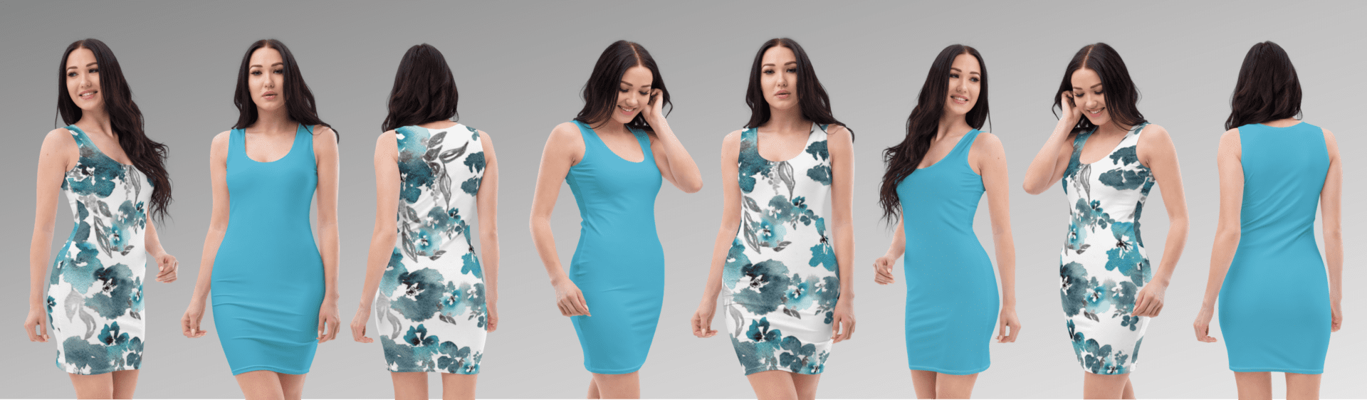 Women modeling blue and floral dresses.