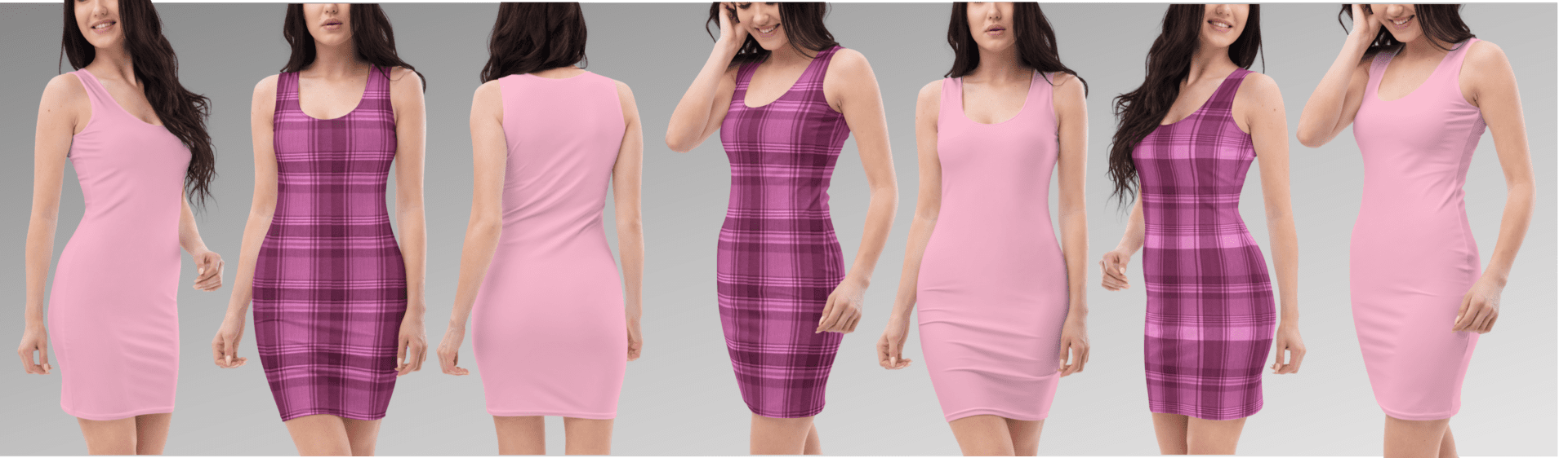 Pink and plaid dresses on models.