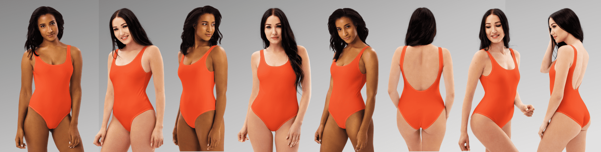 Seven women in orange swimsuits.