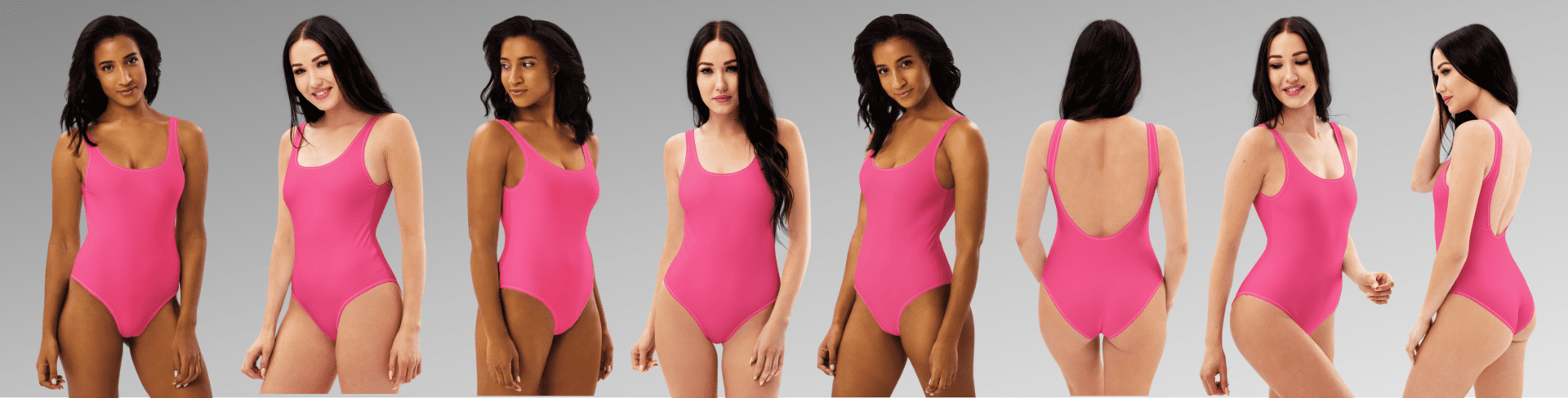 Seven women in pink one-piece swimsuits.