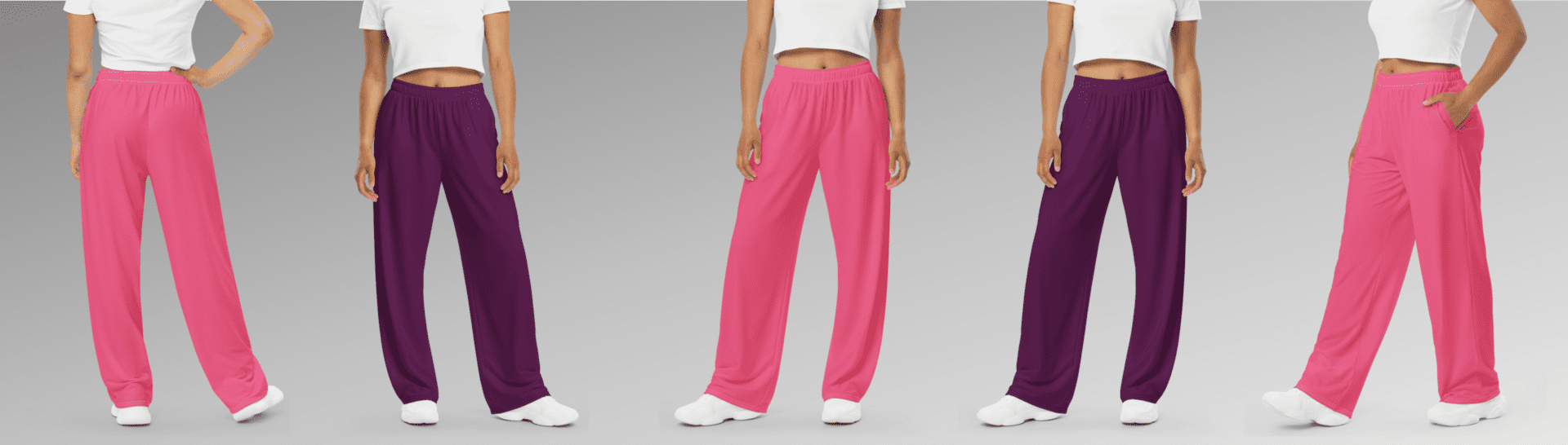 Four women wearing pink and purple pants.