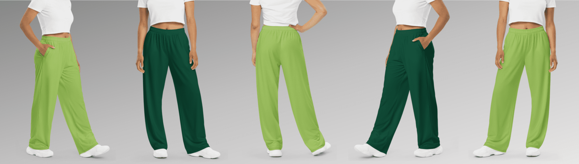 Five women modeling green and lime pants.