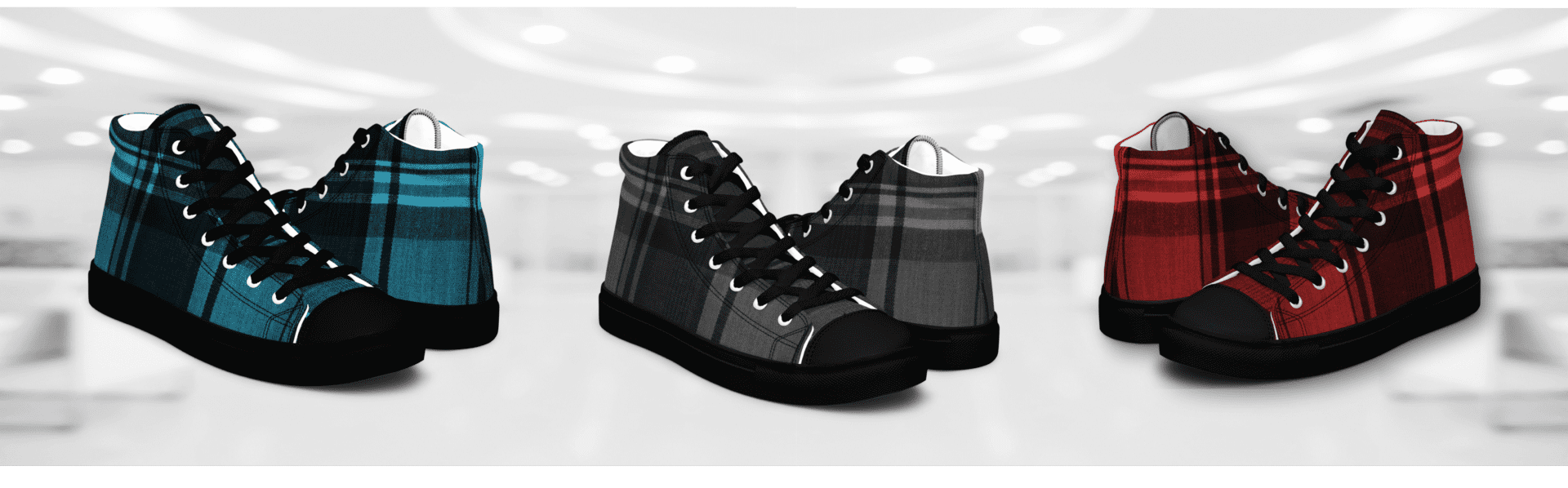 Three pairs of plaid high top sneakers.