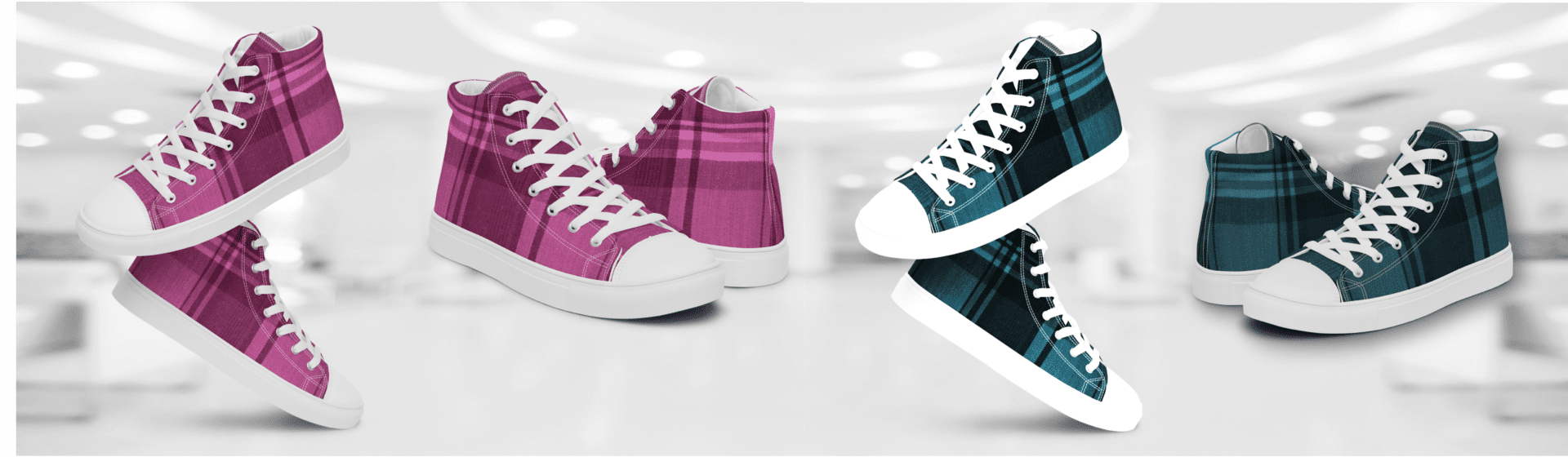Four plaid high top sneakers in pink and blue.