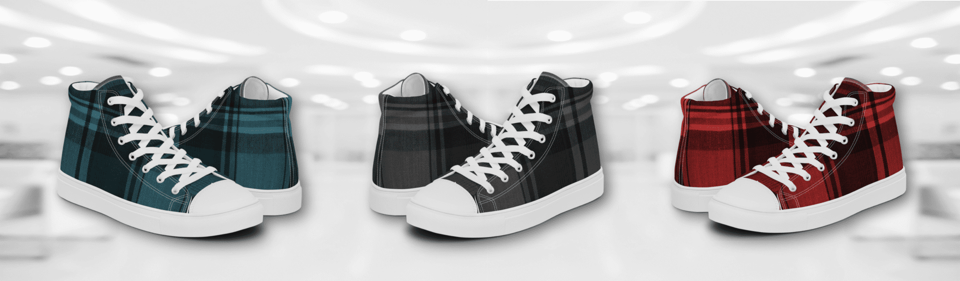 Three pairs of plaid high top sneakers.