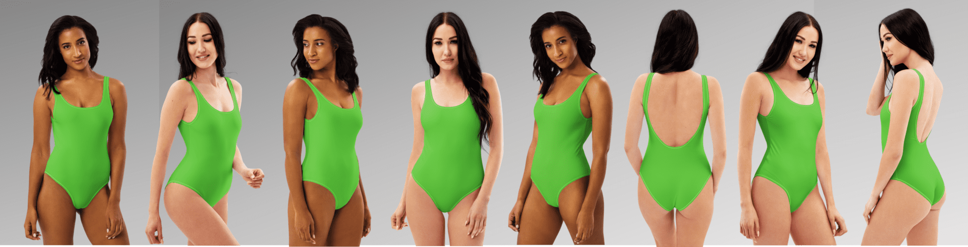 Seven women in green swimsuits.