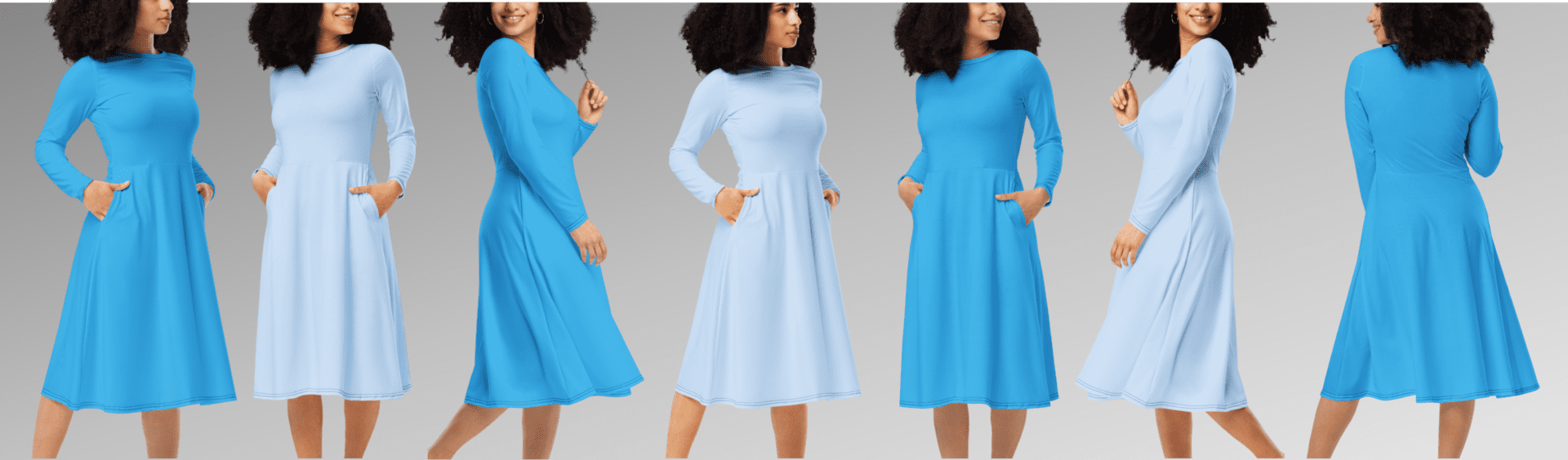 Women in blue and light blue dresses with pockets.