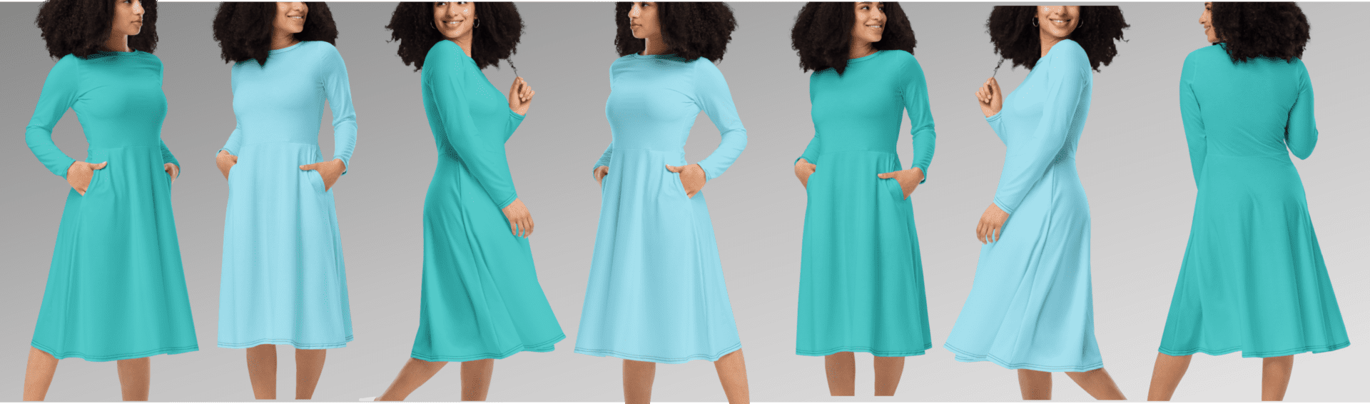 Women in blue and teal dresses with pockets.