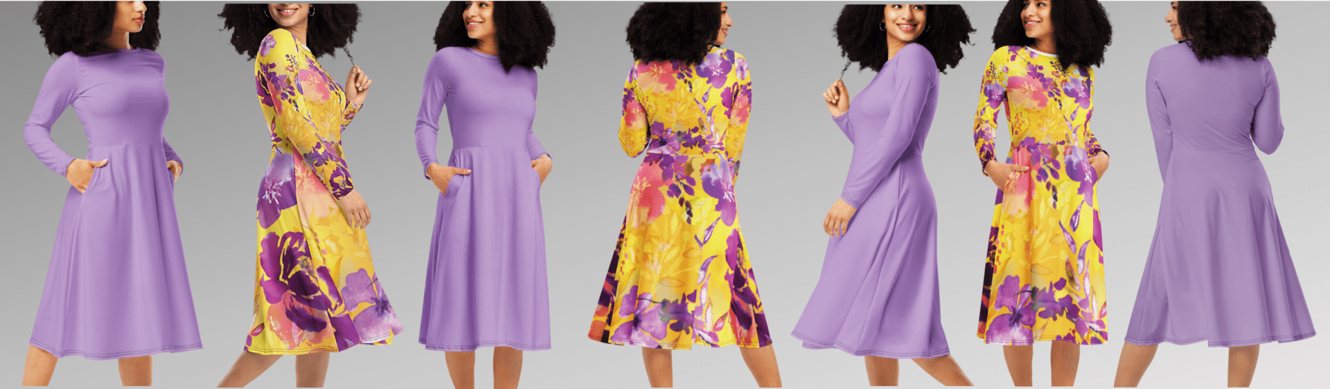 Women modeling purple and floral dresses.
