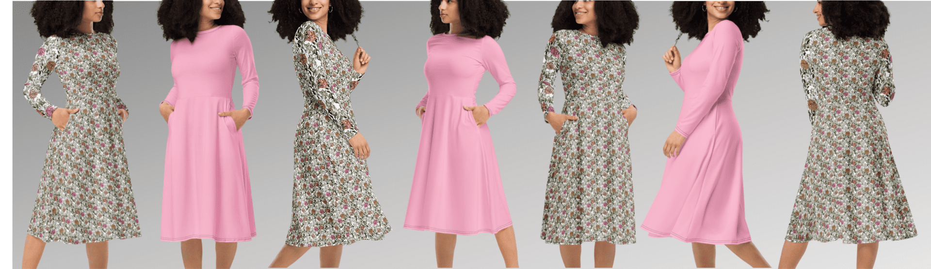 Pink and floral patterned dresses with pockets.
