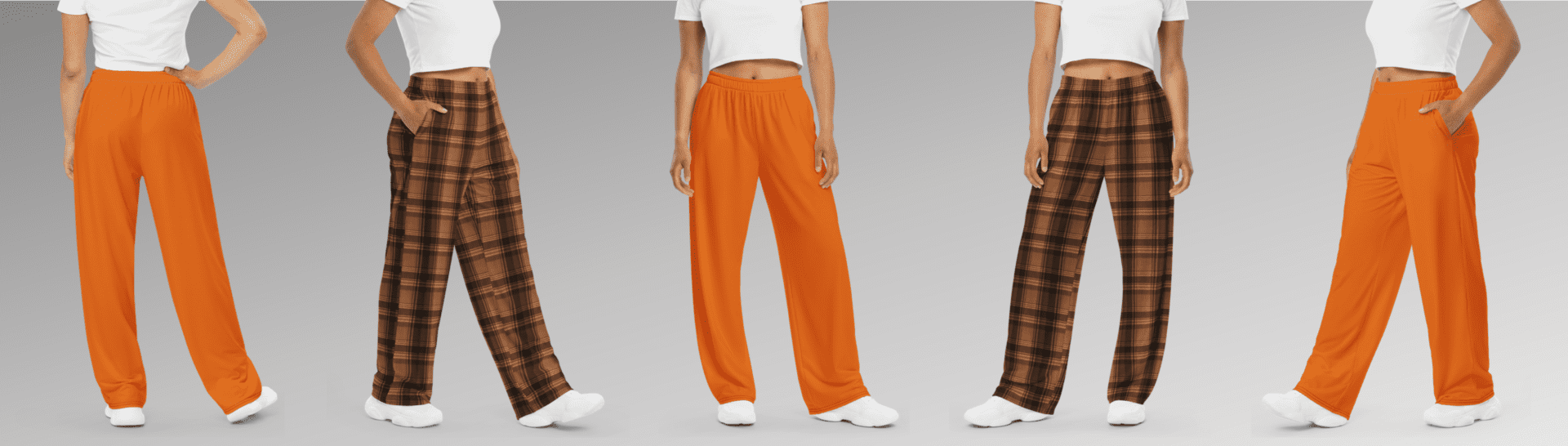Five models wearing orange and plaid pants.