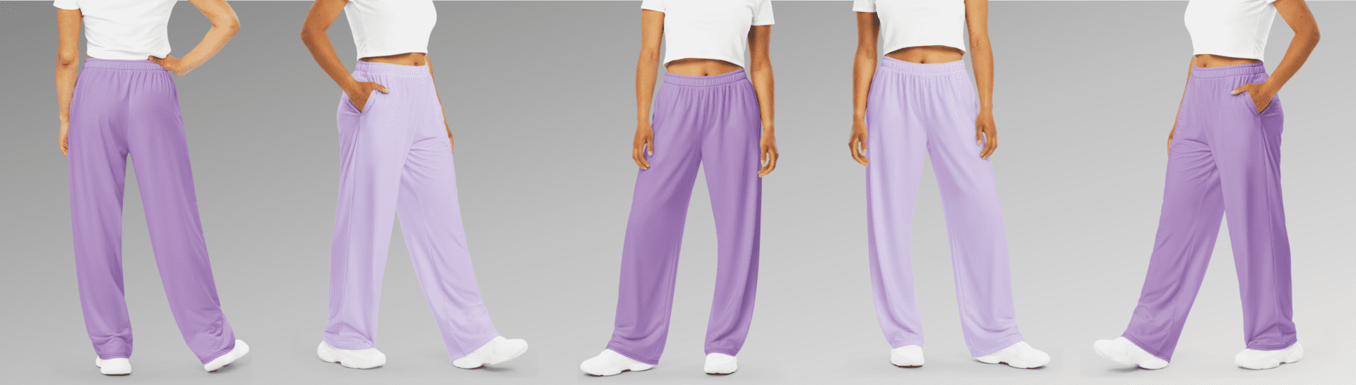 Five models wearing lavender pants.