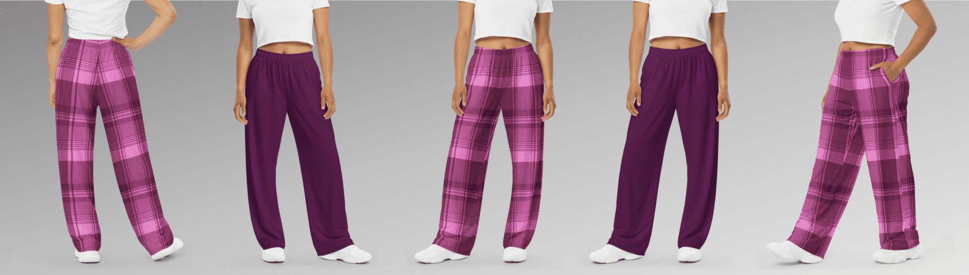 Women wearing pink and purple plaid pants.