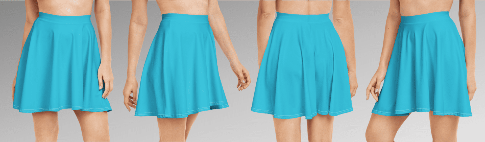 A turquoise skater skirt with a white seam.