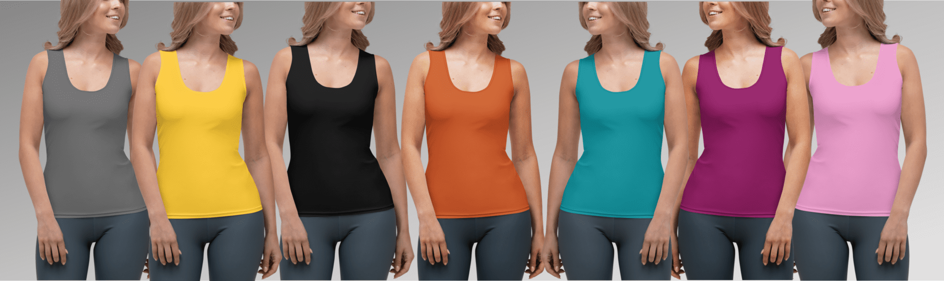 Women in colorful tank tops and leggings.