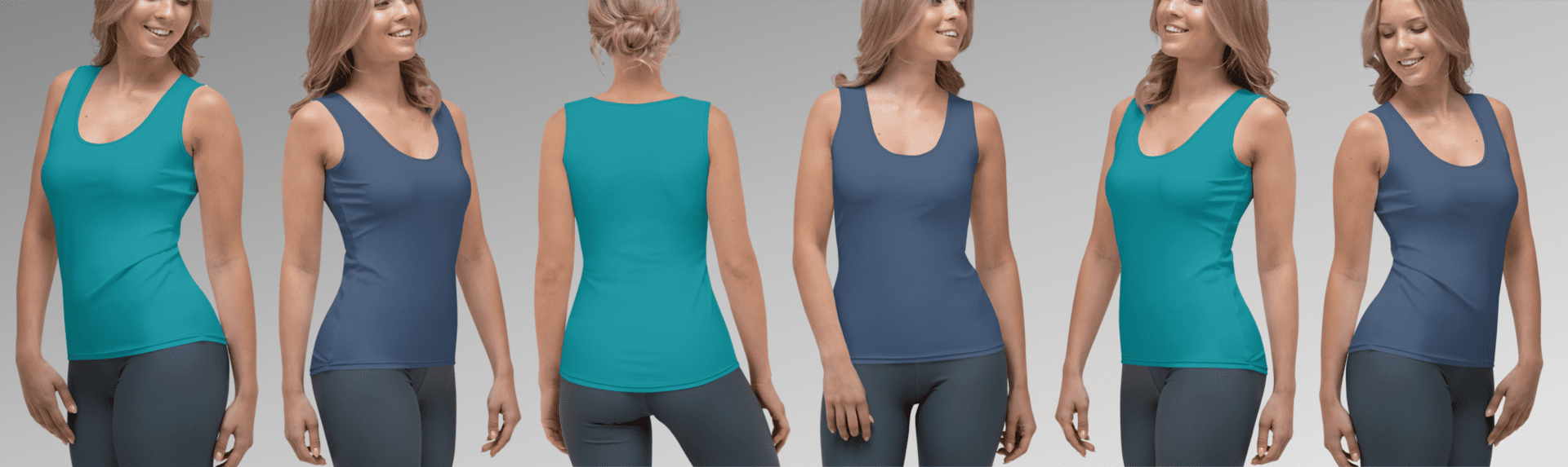 Women in blue and green tank tops.