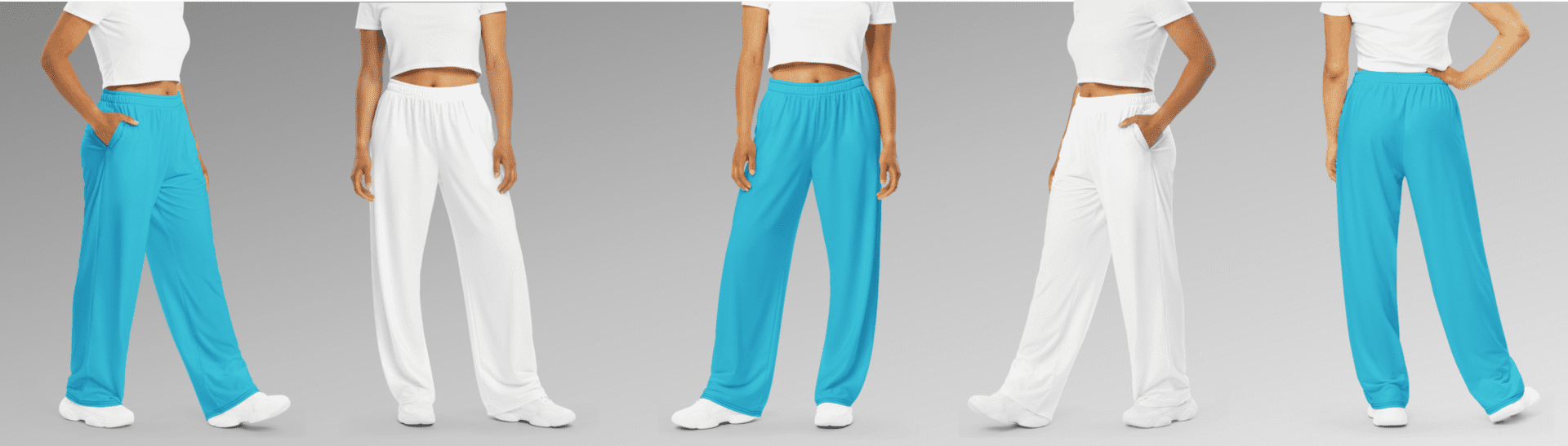 Women wearing white and blue pants.