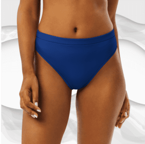 Woman wearing blue high-waisted bikini bottoms.