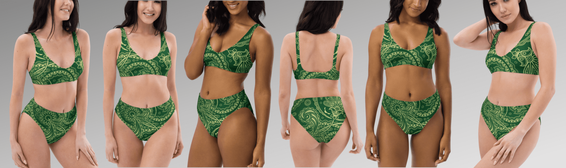 Green paisley print bikini on multiple models.