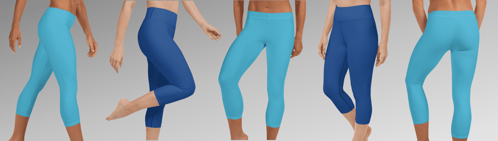 Women wearing blue and turquoise leggings.