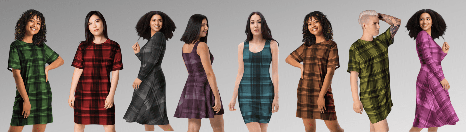 Colorful plaid dresses on models.