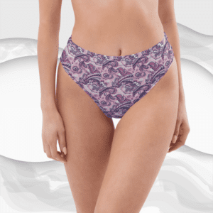 Pink paisley patterned bikini bottoms.