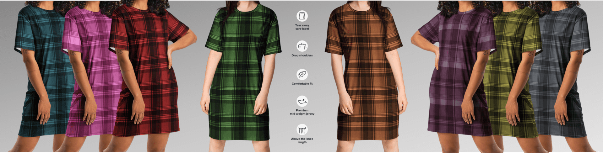 Women wearing plaid t-shirt dresses.