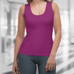 Woman wearing a purple tank top.