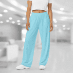 Woman wearing light blue wide leg pants.