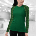 Woman wearing a green long-sleeved shirt.