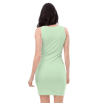 Woman wearing a light green sleeveless dress.