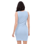 Woman in a sleeveless light blue dress.