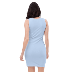 Woman in a light blue sleeveless dress.