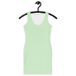 Light green sleeveless dress on hanger.