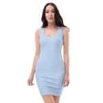 Woman in a light blue sleeveless dress.