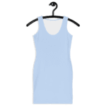 Light blue sleeveless dress on hanger.