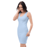 Woman in a light blue sleeveless dress.