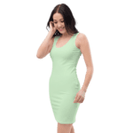 Woman in a light green sleeveless dress.