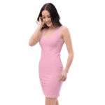 Woman in a pink sleeveless dress.