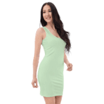 Woman wearing a light green tank dress.